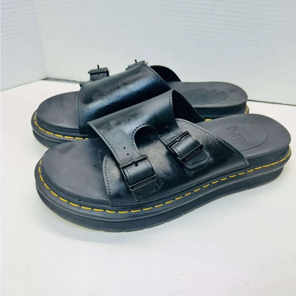 Dr. Martens Black Leather Dual-Buckle Slide Sandals with Yellow Stitching